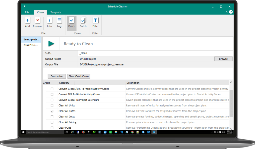 ScheduleCleaner desktop application showing XER file cleaning interface on Windows